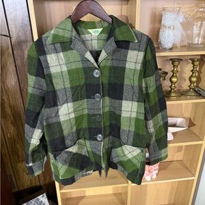 50s Vintage Wool Green Plaid Button-Up Jacket Sears Roebuck Women’s M